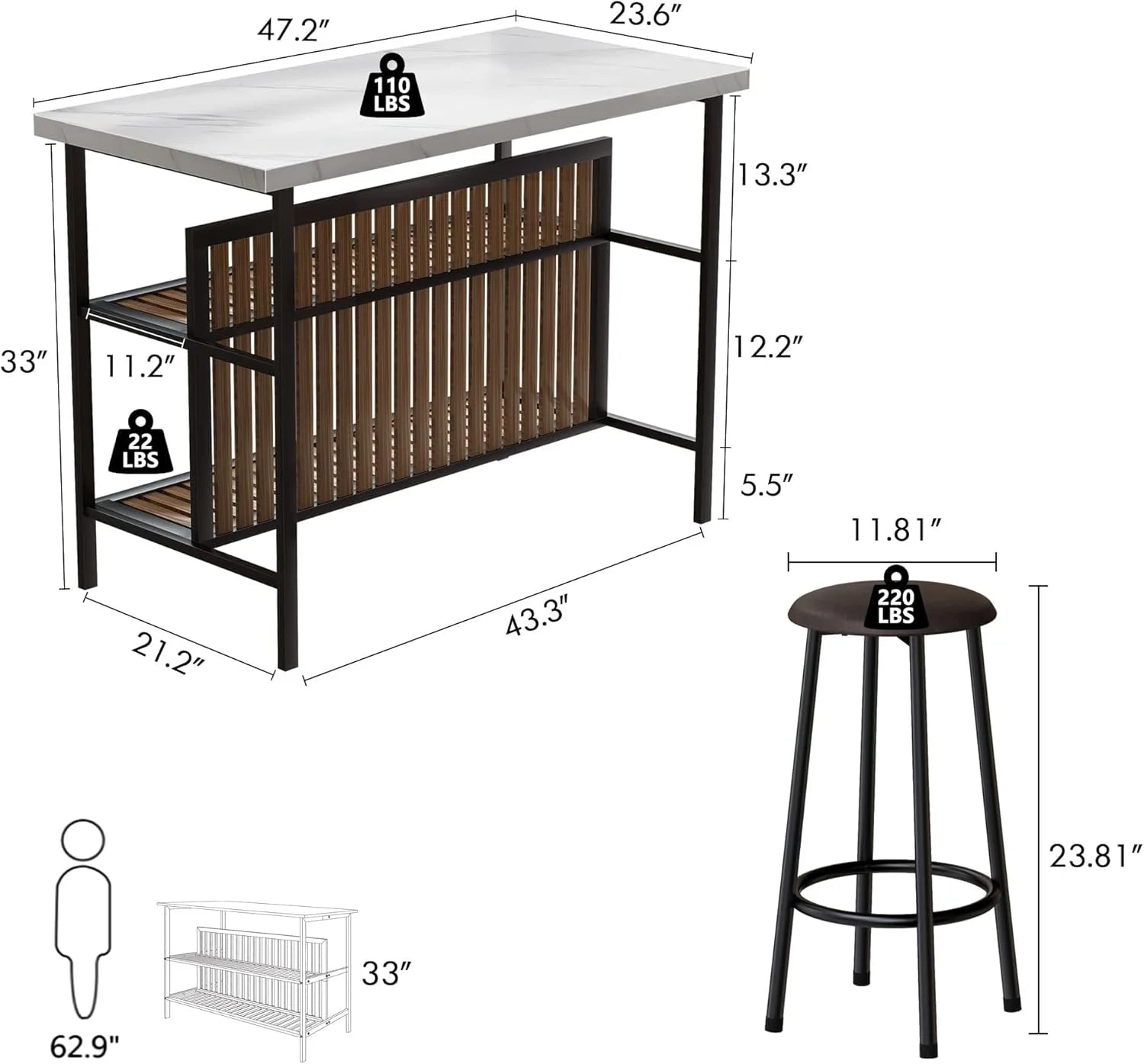 Kitchen Island with Seating, Wooden Counter Height Table